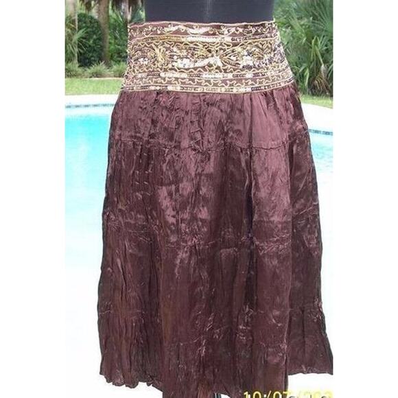 Cache Brown Silk like Boho Hand Sewn Sequins Crinkle Lined Skirt New NWT $138 - Picture 9 of 9